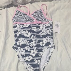 Tommy Bahama 6 Pink white Blue Striped swimsuit swim floral overlay print NWT